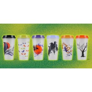 Starbucks Halloween‎ 2022 Set Of 6 Reusable Glow In The Dark Hot Cups Lids 16 OZ